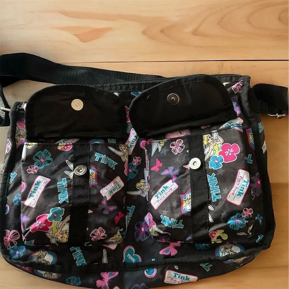 Disney Tinker Bell Pixie Diva Butterflies Print Nylon Adjustable Crossbody Bag